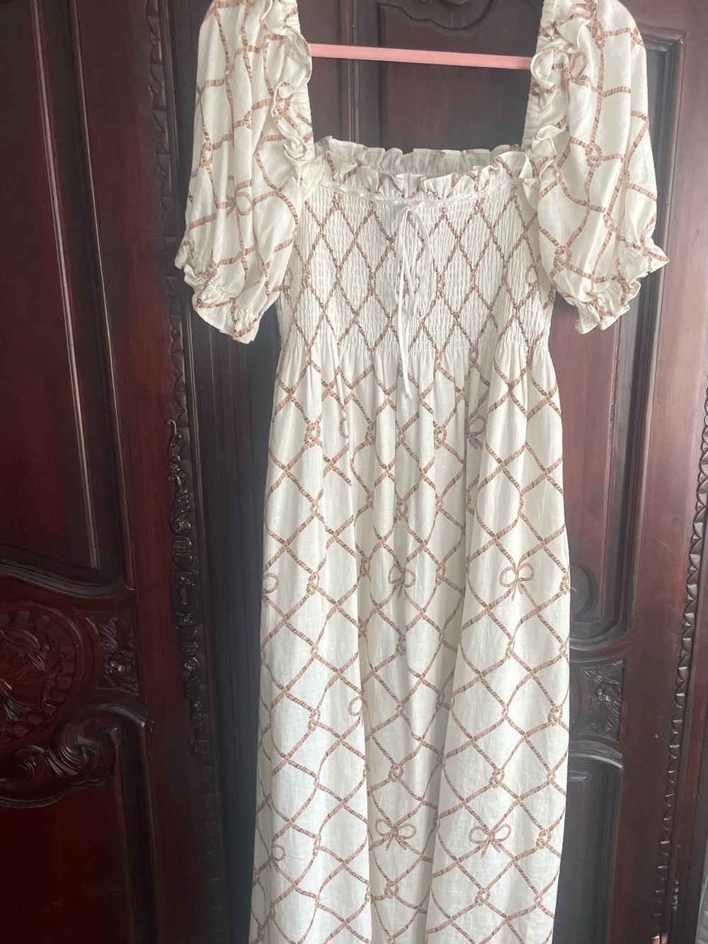 Hill House Cream Maxi Dress with Tan Lattice Print